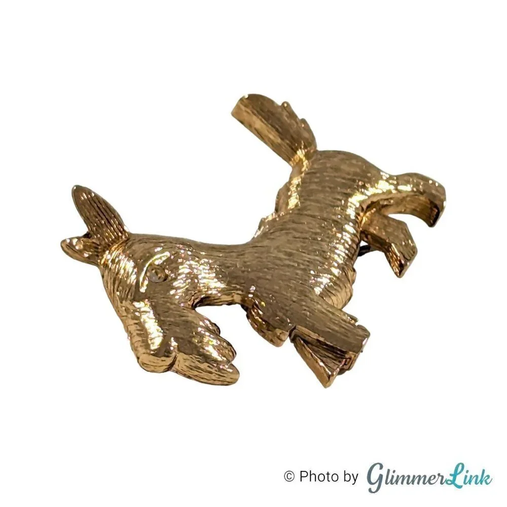 Vintage Scottish Terrier Clear Rhinestone Gold Tone Textured Brooch Pin